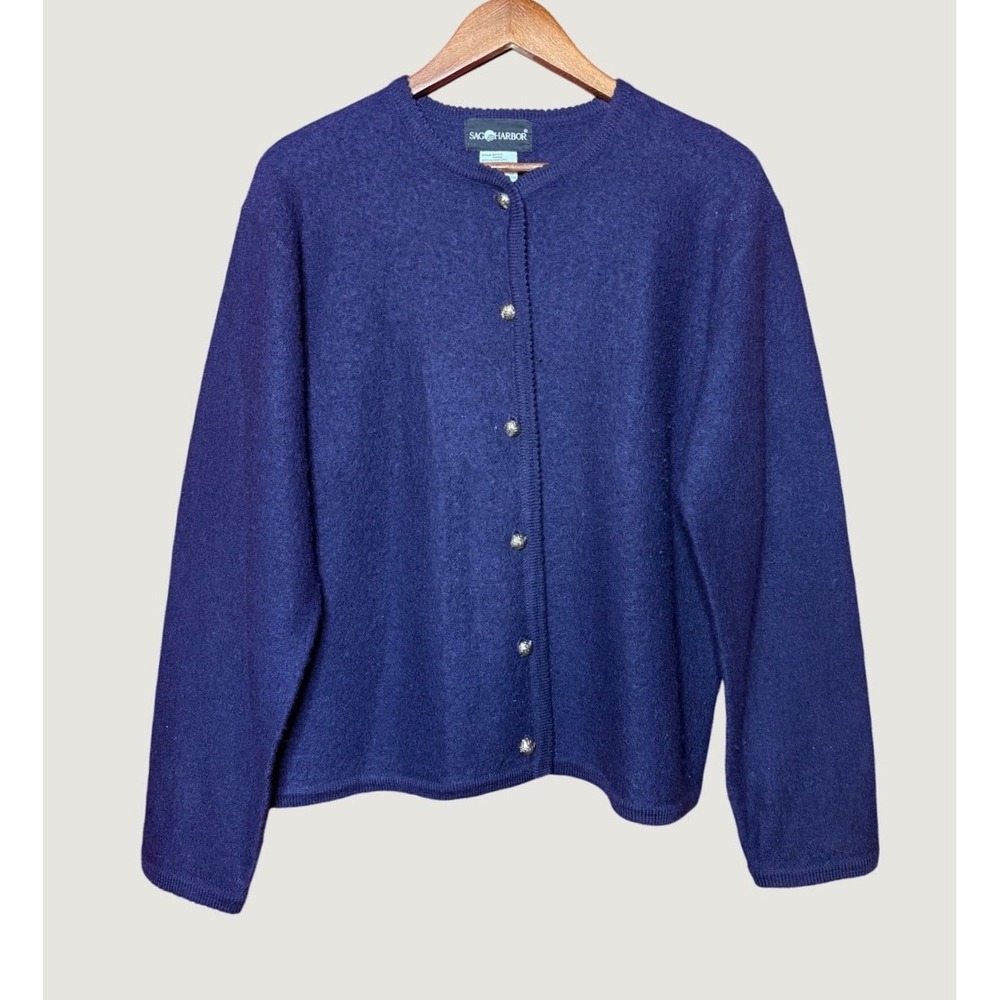 Sag Harbor Cardigan Sweater Women Medium Blue Good 100% Wool Silver Buttons